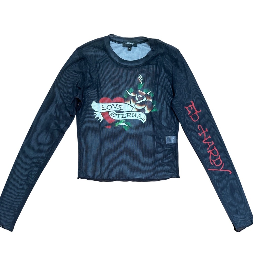 Ed Hardy Womens Mesh Long Sleeve 'Love Eternal' Top Size Small
